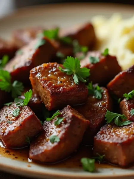 Juicy garlic butter steak bites garnished with fresh parsley, served with creamy mashed potatoes on a rustic plate